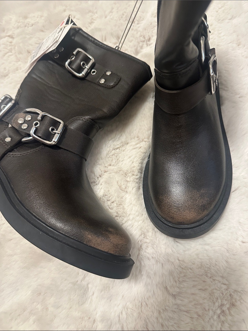 ZARA Brown Leather Buckle Moto Boots girls 12.5 - Picture 2 of 4